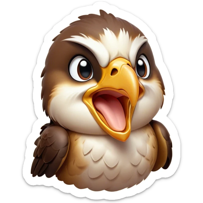 Cinematic Cute Yawning Falcon Portrait Emoji, Head tilted slightly with a dramatic, wide-open yawn, showcasing a streamlined, powerful form with a softly drooping beak and sleepy, half-closed eyes, Simplified yet irresistibly adorable features, highly detailed, glowing with a soft, cozy glow, high shine, relaxed yet expressive, stylized with a dash of whimsical aerial charm, soft glowing outline, capturing the essence of a drowsy yet affectionate falcon that appears ready to stretch out for a nap! sticker