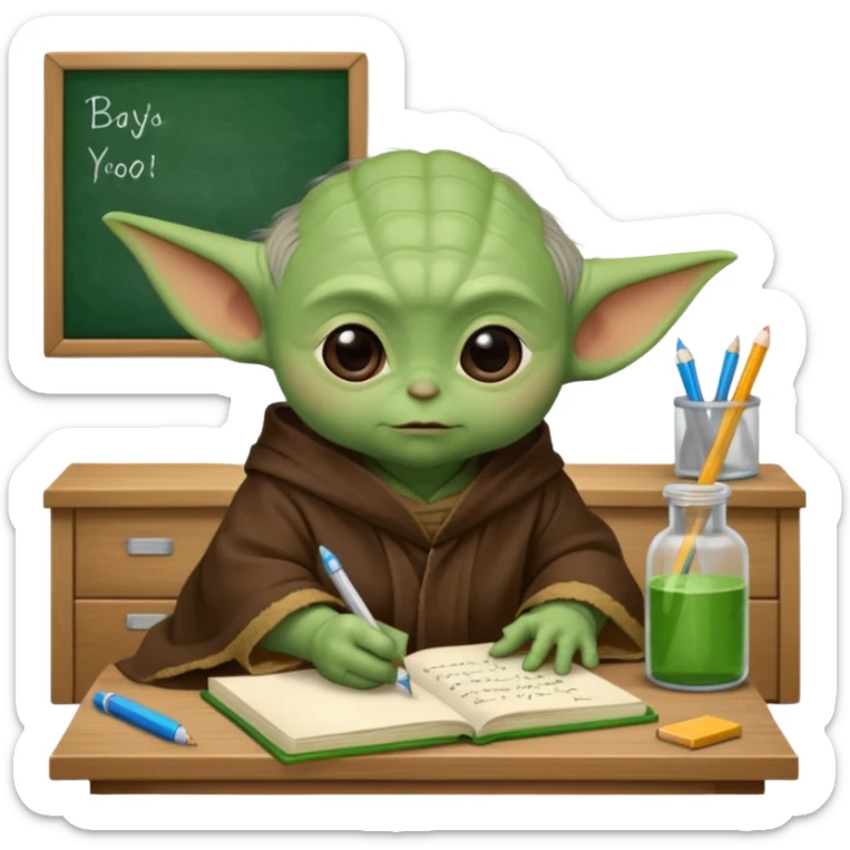 Baby Yoda con su tunica chocolate escribiendo en un cuaderno sobre un escritorio en un aula de clases sticker