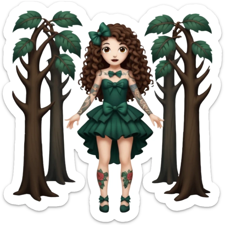 full body view of a woman with long curly brown hair, brown eyes, white skin, tattoos, playful bow like a dark forest performer sticker