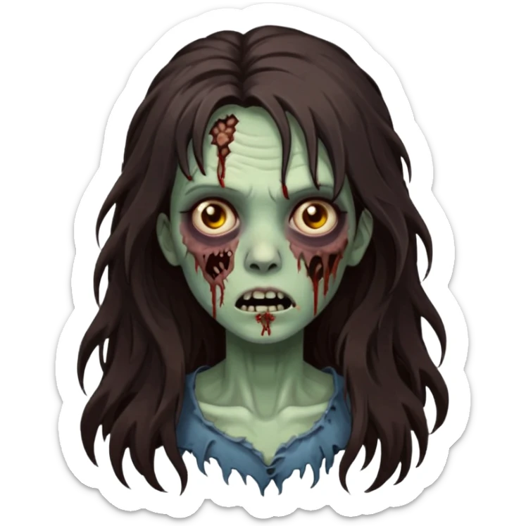 Zombie woman with wavez, dark brown long hair (not thick or voluminous sticker