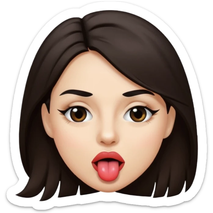 woman with dark brown hair wearing black band over eyes with tongue out sticker