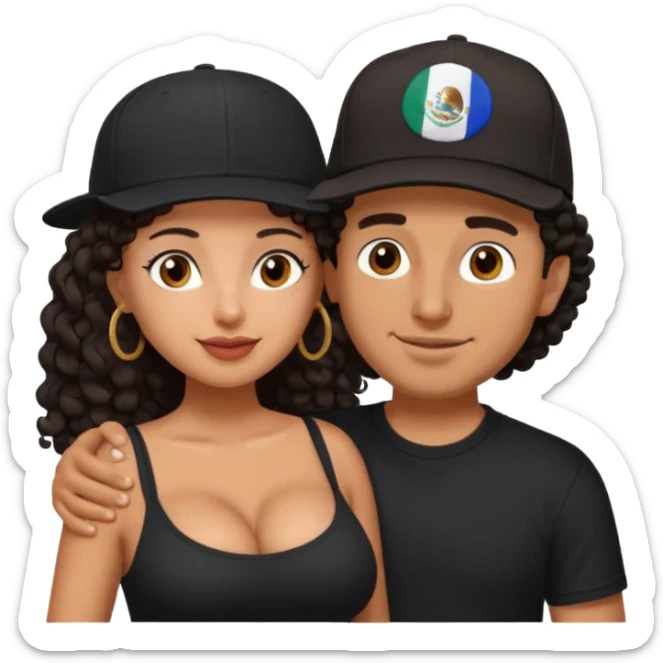 A picture of an embracing tanned couple. the man is a Mexican man with tanned skin, with a bald hair cut wearing a SnapBack hat and a black shirt. the woman is shorter, with long curly dark brown hair and with big boobs   sticker