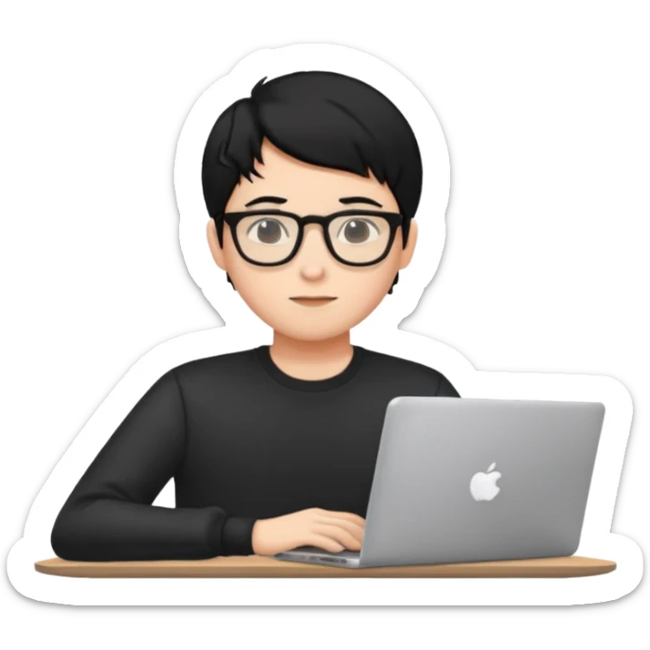 un estudiante con lentes y su laptop CON CAMISA MANGA LARGA Y CABELLO NEGRO sticker