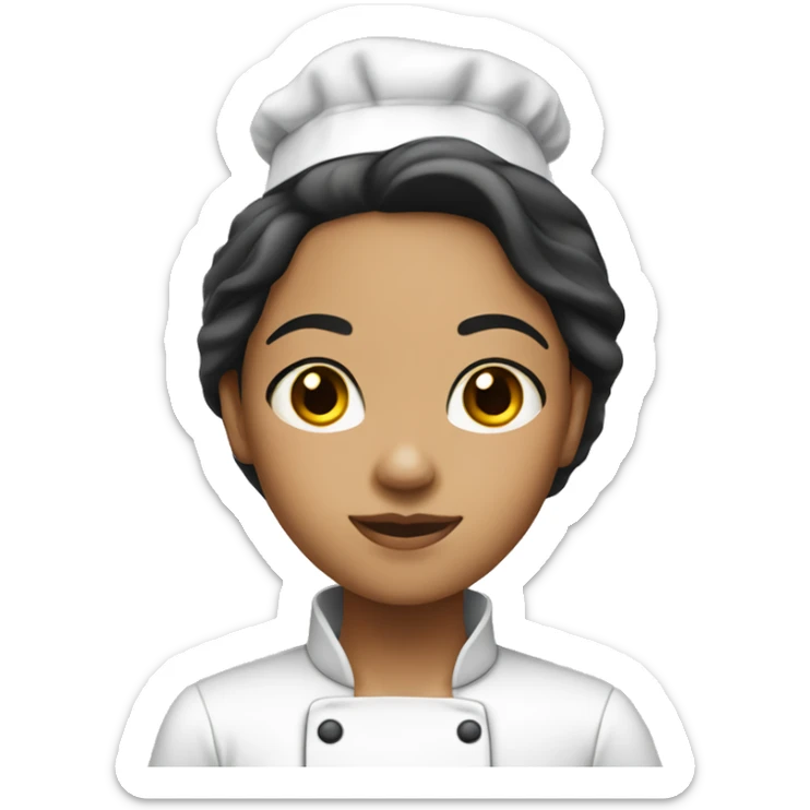 A girl with straight hair black eyes, light skin and a chef sticker