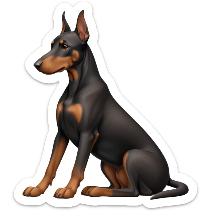 cinematic-[doberman]-realistic-full-body-sitting-emoji,-tail-resting-loosely-beside-its-paws,-head-tilted-dramatically, -sleek-[black and tan]-fur,-simplified-yet-realistic-focused-features,-highly-detailed,-glowing-with-an-almost-sarcastic-glow sticker