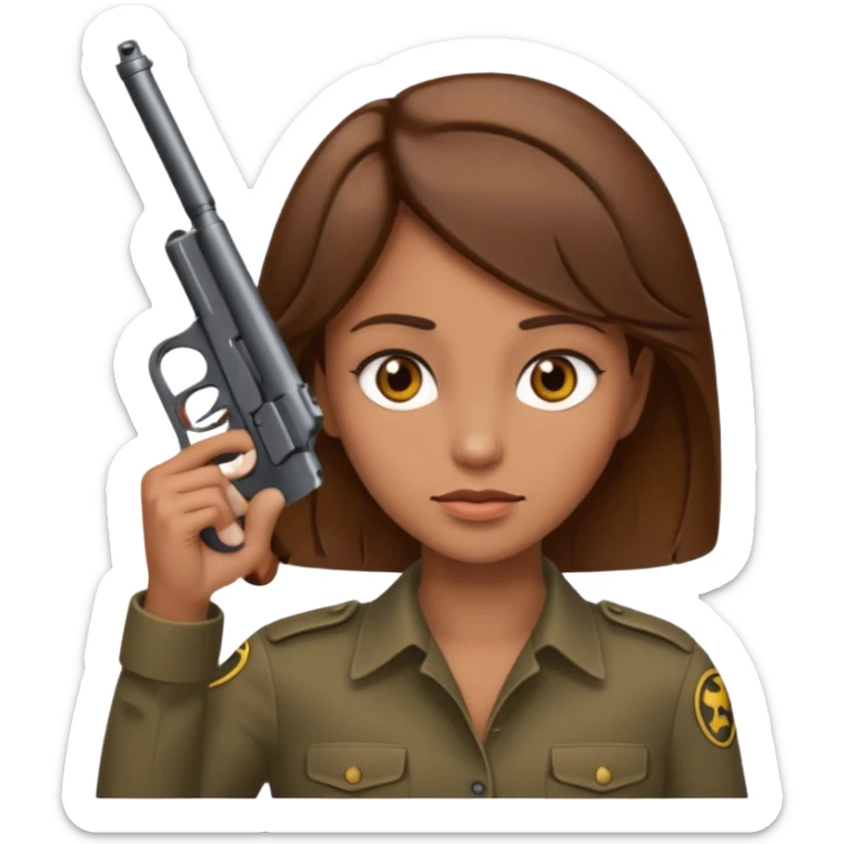 the woman emoji with brown hair and tan skin holding the gun emoji to her head with one hand sticker