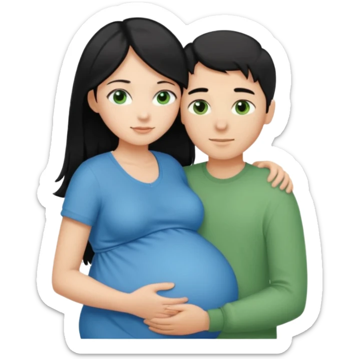 Make a couple hugging the girl is white with long black hair with blue eyes. The girl is hugging a boy with light brown short hair with green eyes. The boz is pregnant  sticker
