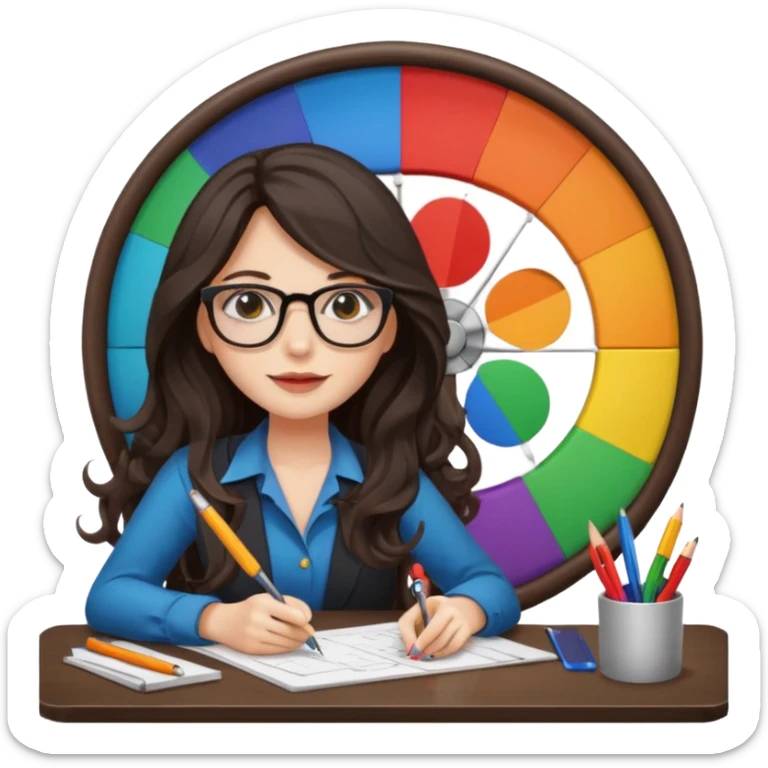 female dark wavy long hair graphic designer , big color wheel behind , pens, papers, desktop sticker