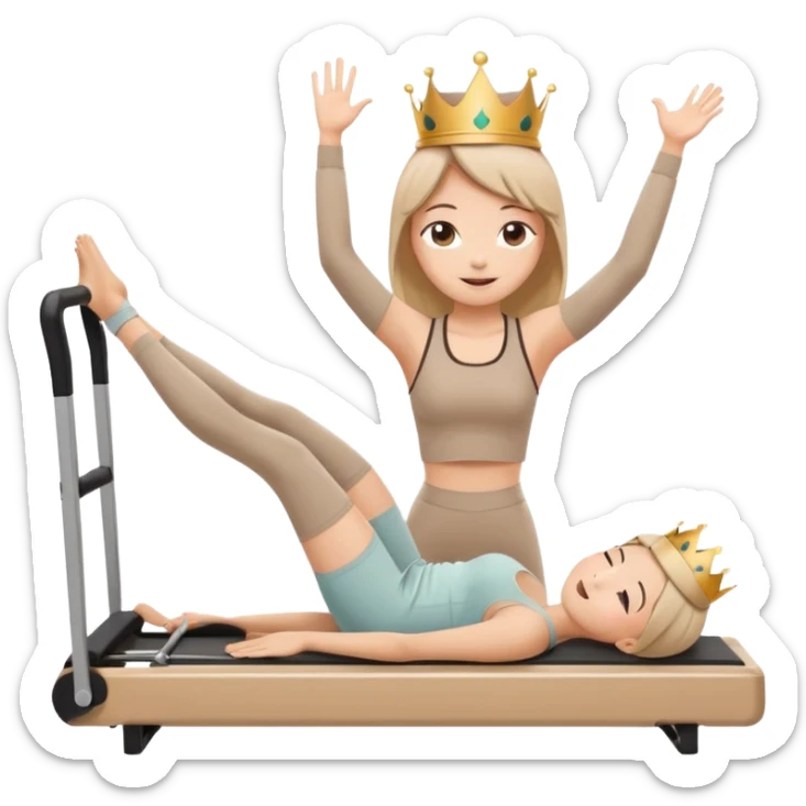 Cute sticker of a girl doing a Pilates stretch on a reformer while holding a cup of coffee in one hand. Wearing beige activewear and a small crown. Kawaii style, happy expression, vector, white outline, transparent background. sticker