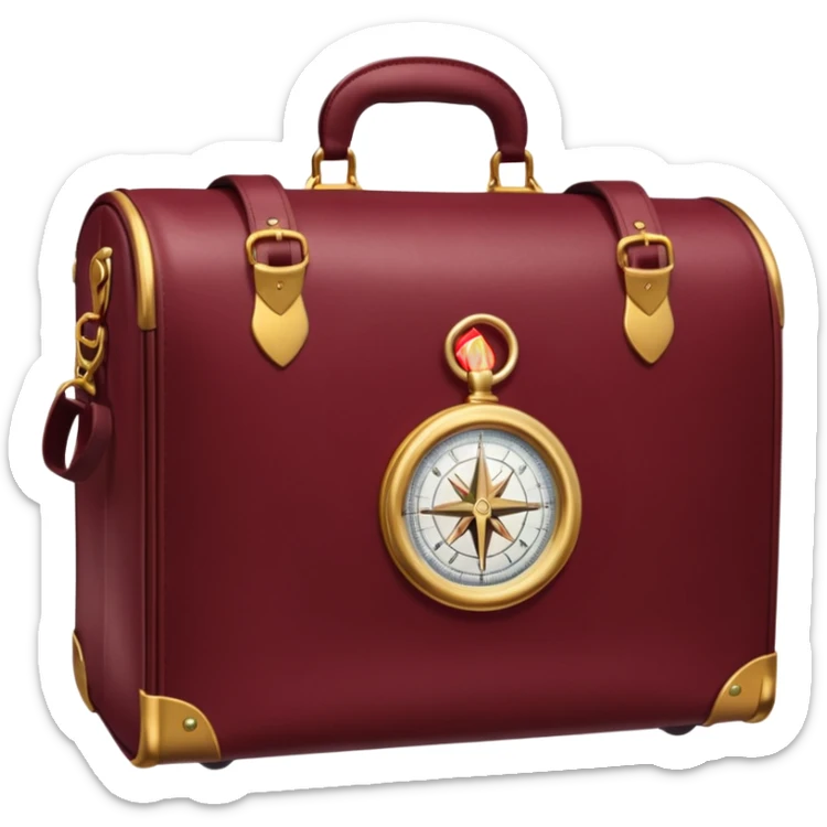 burgundy travel item and  a gold compass in the lower right corner of the emoji in front of travel item sticker