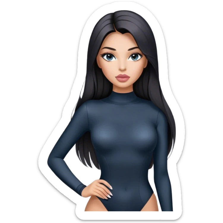 Glamours, tanned, very beautiful girl, with big pump peach-beige-rose lips, long long lashes, black straight smooth silky long hair, straight parting hair, blue-grey eyes, black long-sleeves bodysuit sticker