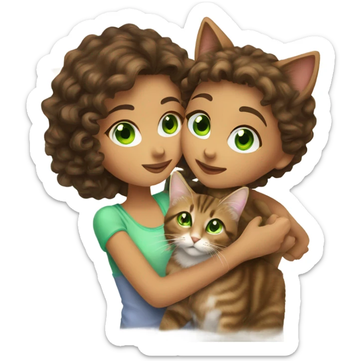 Girl with curly brown hair and hazel eyes kissing a brown tabby cat with green eyes sticker