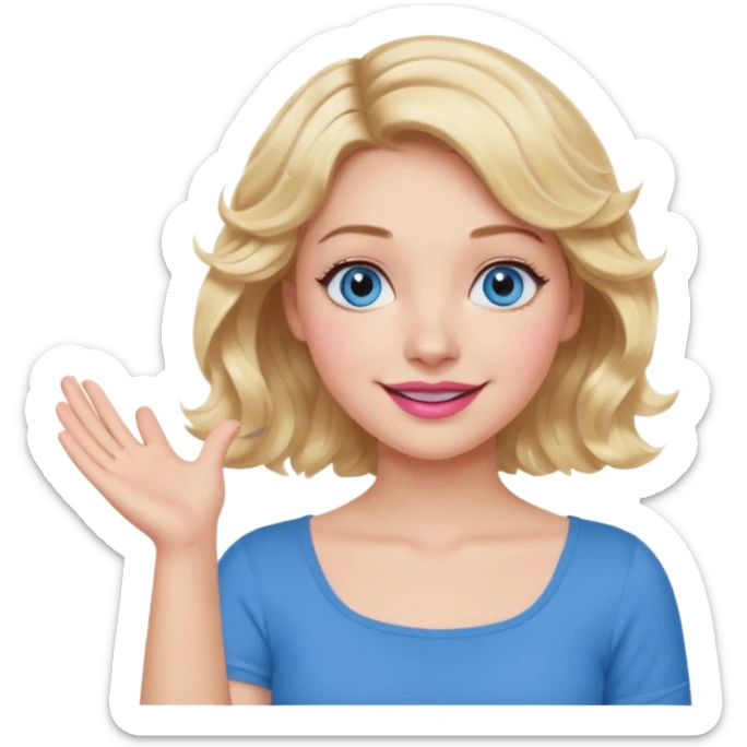 Girl Blonde short wavy hair,  blue eyes, cute blue top, long lashes, pink lips, smiling, shrugging hands raised sticker