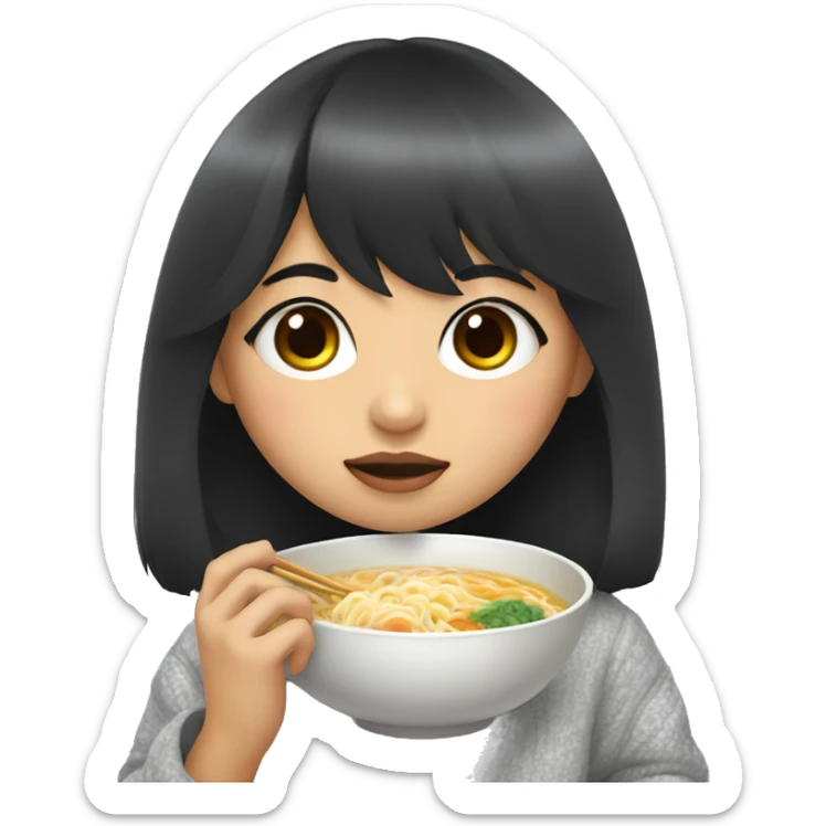 A girl with bangs covering one eye, black hair and big eyes wearing a gray pajama sweater and holding a ramen in her hand. sticker
