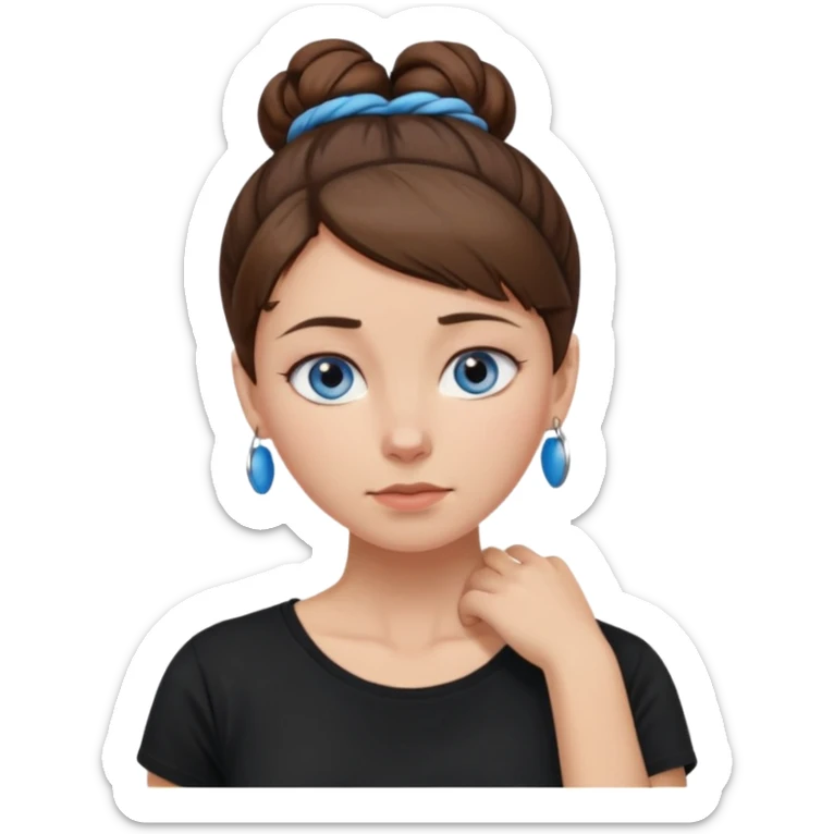 apple style emoji of a woman with blue eyes, brown hair in a bun, holding her neck with a pained expression, wearing a black T-shirt sticker