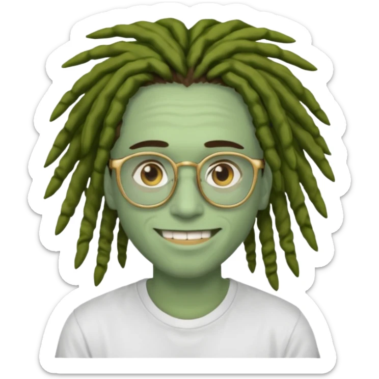 man with brown dreads white tee golden eyes light green skin glasses and white smile sticker