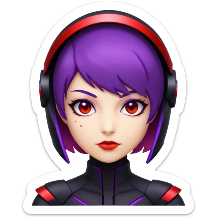 A futuristic assassin with a sleek black suit, short purple hair, and glowing red visor sticker