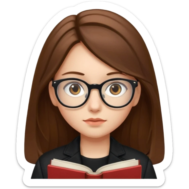 A girl with long brown hair and small reading glasses and black jacket  sticker