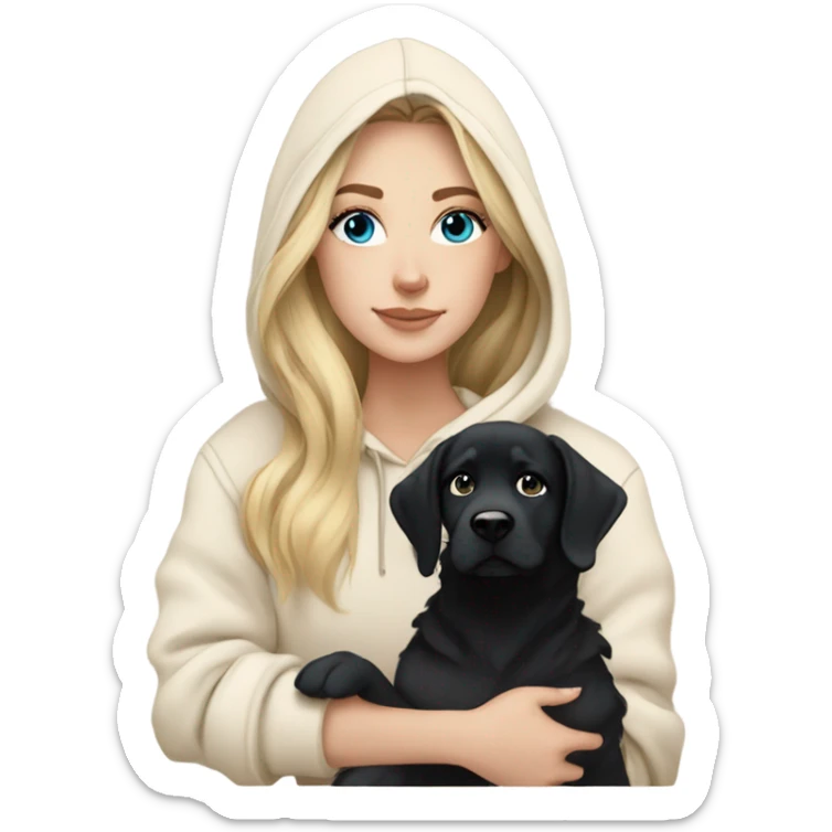 White girl blue eyes Blonde balayage long hair beige hoodie cuddling black dog sticker