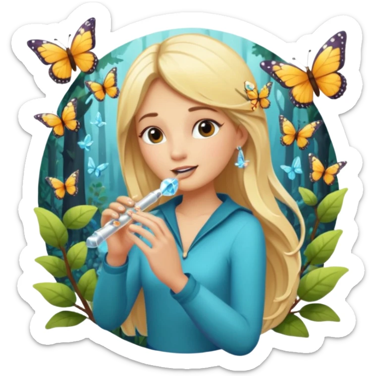 woodland sticker character, blonde woman playing crystal flute, butterflies around sticker