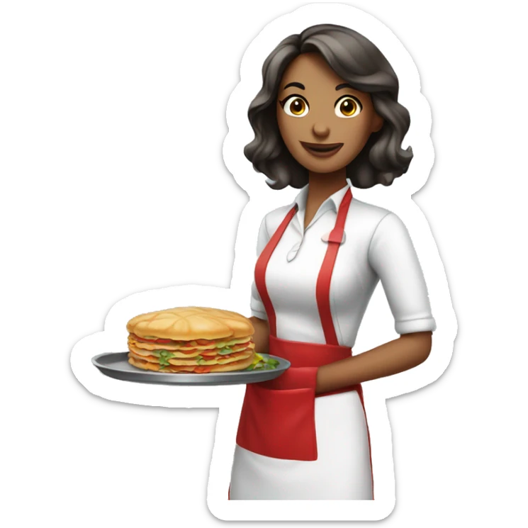 beautiful waitress in a red apron with a tray with food in a hand sticker