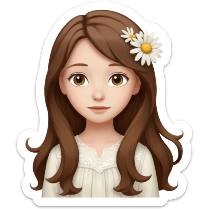 Girl with long brown hair, pale skin, daisy hairclips, long sleeved white flowy dress sticker