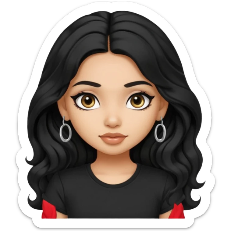 a pretty FAIR indian bratz girl with wavy long black hair, wearing a black tshirt, eyeliner on sticker