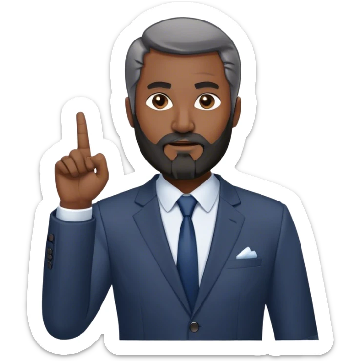 Emoji-style cartoon man, 50s, black beard with gray streaks, wearing a business suit. Raises right index finger upward (↑) to signal 'attention!' Simple design, bold lines, minimal details. Looks Дмитрий Шумейко sticker