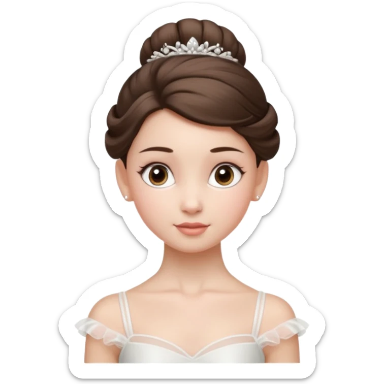 Cinematic Realistic Ballerina Portrait, depicted with lifelike skin texture, subtle rosy undertones, and soft natural lighting that enhances the gentle contours of her face. Her intricately detailed Brunette hair is elegantly styled in an updo, sticker