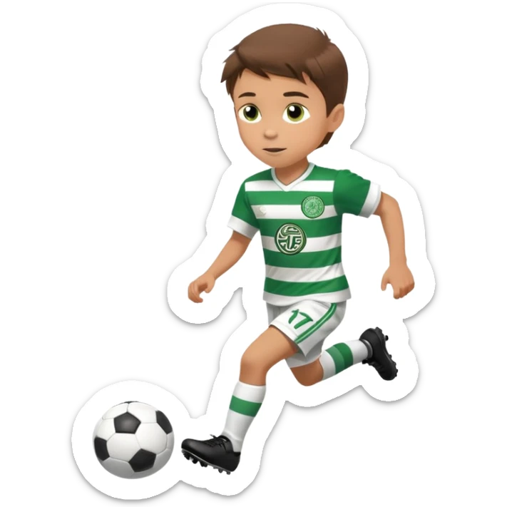 Brown hair 6 years old white boy footballer RUNNING playing soccer wearing CELTIC  UNIFORM  has white stripes  # 17 in the jersey the celtic football club logo NO CHEST LOGO  sticker