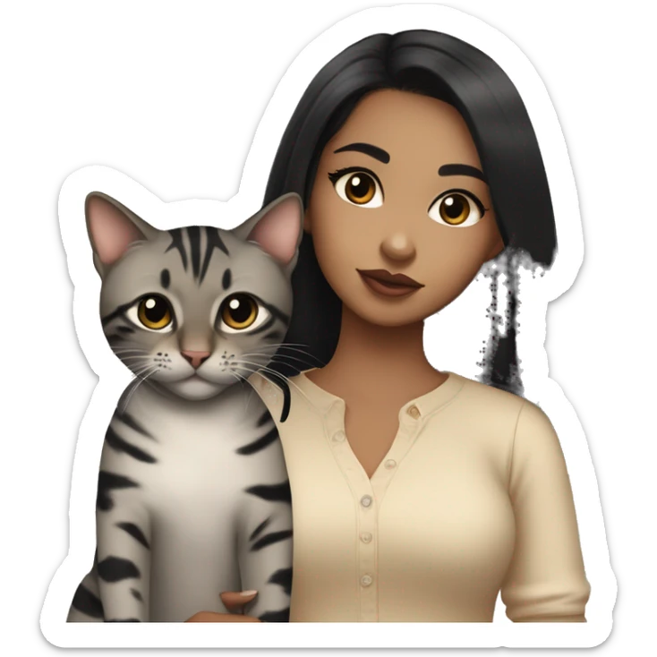 Girl with black eyes and black hair, shoulder length straight black hair, wears a beige blouse outfit, kissing a gray bengal cat  sticker