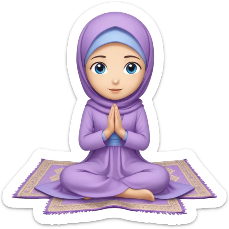Turkish beautiful finish Konya muslim girl blue eyes with light purple color flower hijab long tail dress and sits on the pray mat namaz on the ground with dua  sticker