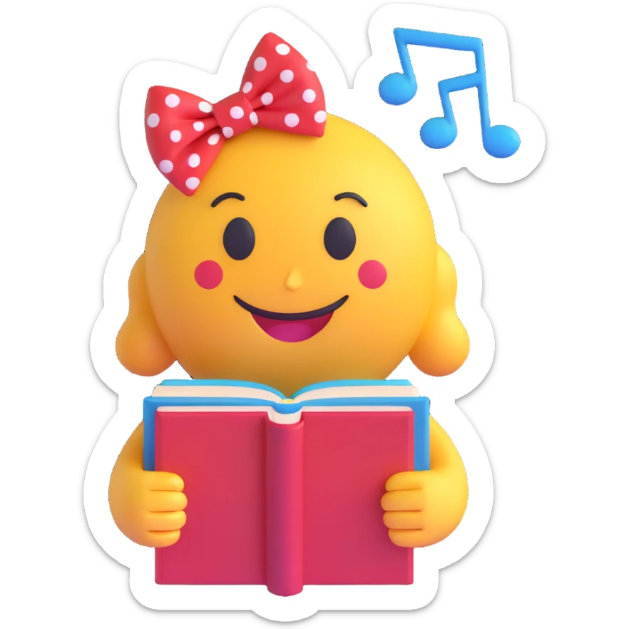 3D smiley emoji with big eyelashes, red polka dot bow, holding a book with musical notes, smiling sticker