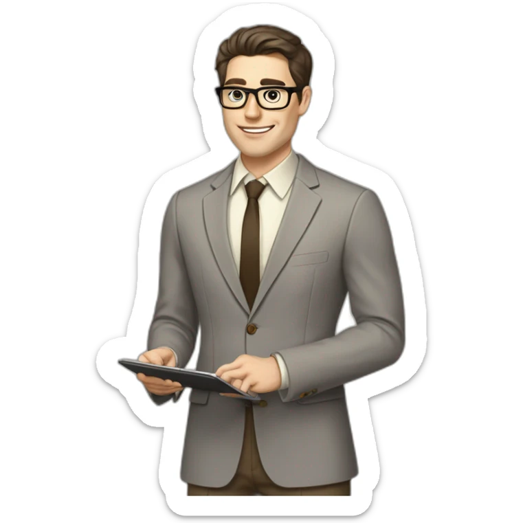 Pale skinned fit man with dark brown hair in gray jacket, beige office shirt, brown tie, brown pants and vintage glasses Writing on the tablet sticker