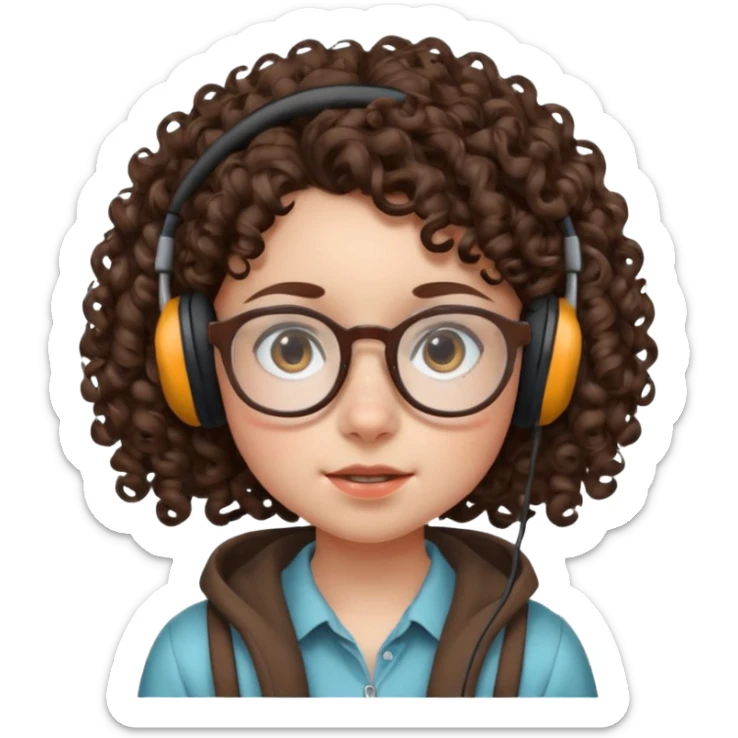 brunette kid with unique face features and very curly hair kid girl neutral and big glasess and big nose and dark eyes with freckles kind of nerd looking and headphone wearing sticker