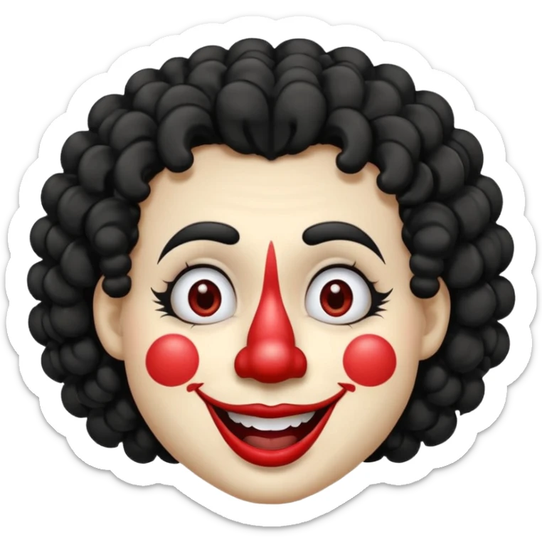 generate clown emoji with a big curly black hair 

wide black smile, long and pointy white nose sticker