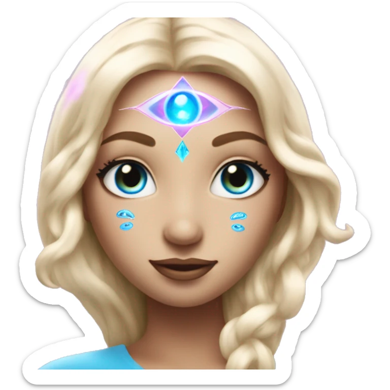 magical diva with thin pink andromedan face long blonde hair and blue eyes glowing third eye sticker