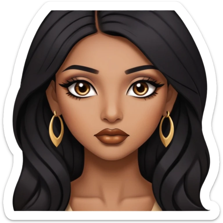 indian girl, brown skin, long black hair, brown underneath colored hair, baddie,pretty, makeup, lipliner, black eyeliner, sticker