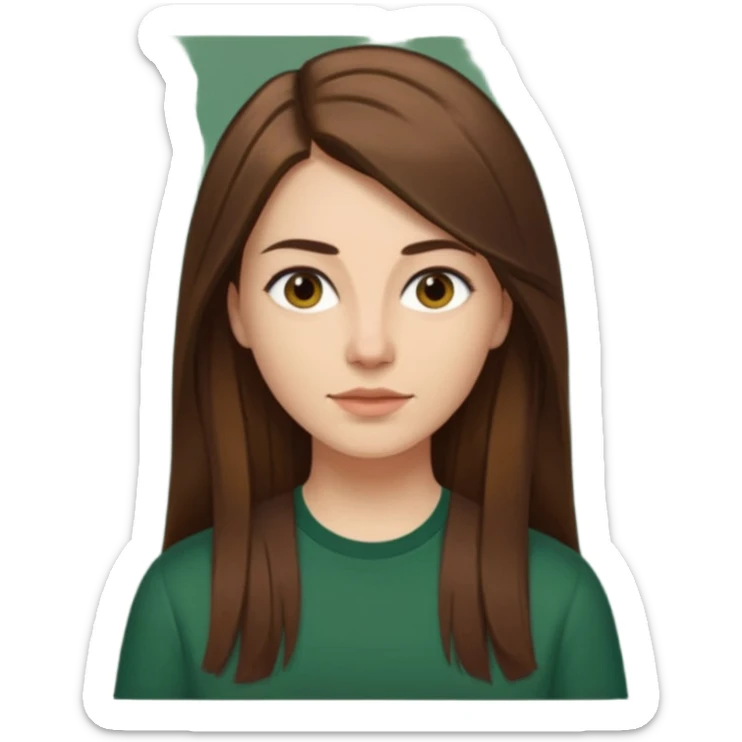30 yr Caucasian woman long brown straight hair parted on side dark green shirt sticker