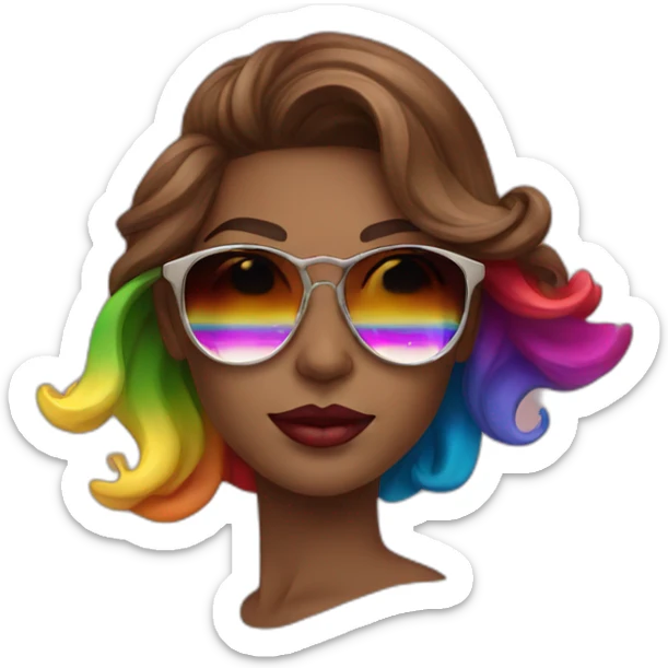 gay pride sunglasses on female head with wavy brown hair and rainbow lipstick sticker