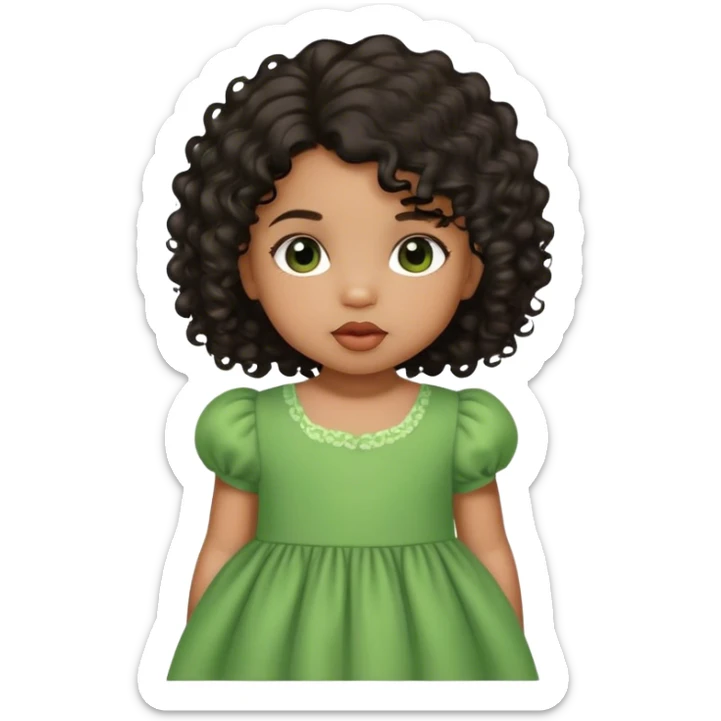 light brown skin tone, very adorable toddler, with big plump lips, long long lashes, black curly hair, middle hair parting, brown eyes, green dress sticker