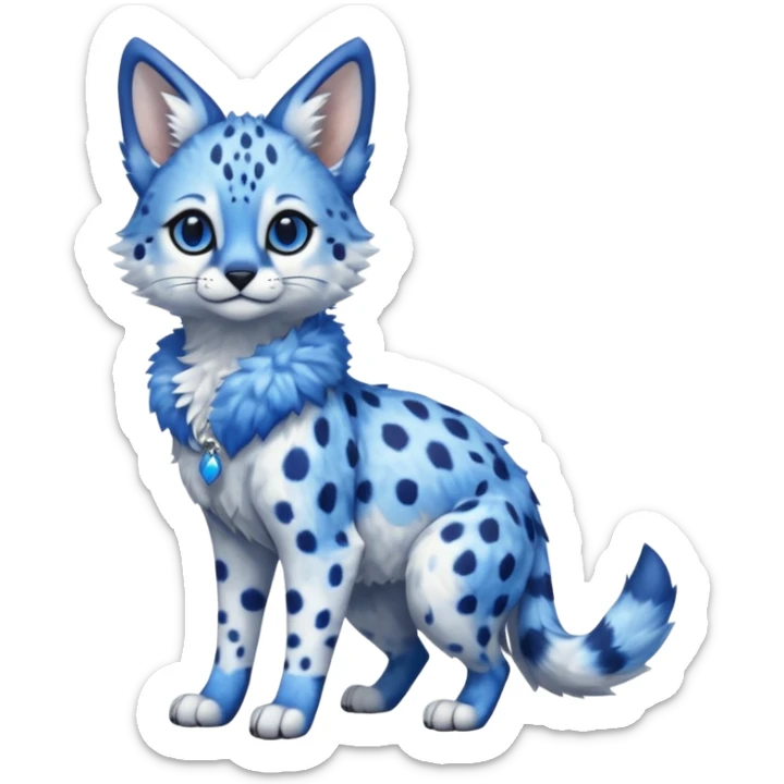 Cute, realistic, furry, big-eyed Cobalt-blue, sapphire-blue-spotted, white-pointed, exotic Serval-sergal-Trico-fusion-animal-hybrid, full body, with a gradient sky-blue fur coat sticker