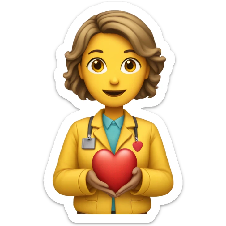 A female teacher in a yellow jacket holds a heart in her hands sticker