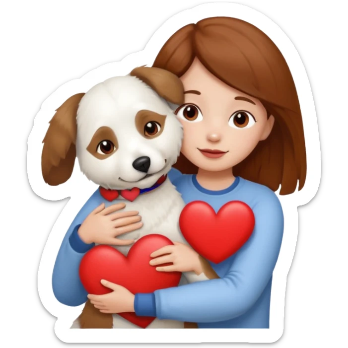 Older white bishon dog in hug with girl with brown hair and red heart between them sticker