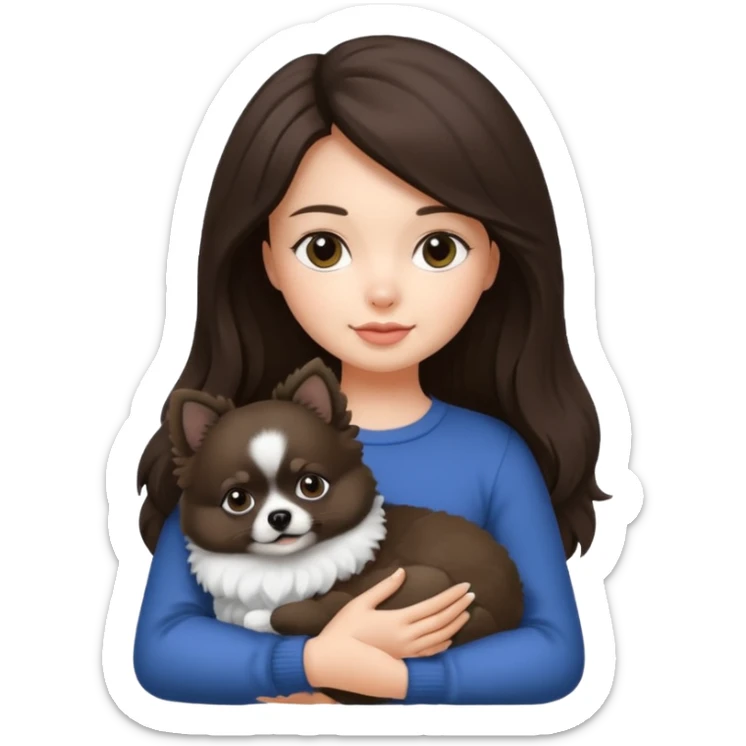 an brunette hair girl holding her pomeranian dog that looks like a panda sticker