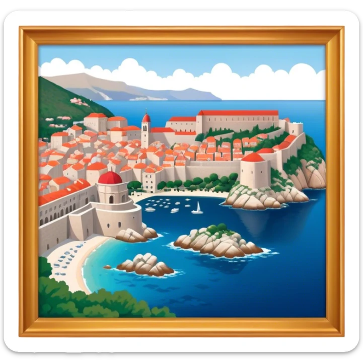Cinematic Realistic aerial view of the historic city of Dubrovnik, showcasing its iconic red-roofed architecture, fortified walls, and sparkling Adriatic coastline, rendered with rich textures and warm Mediterranean lighting that captures its old-world charm. sticker