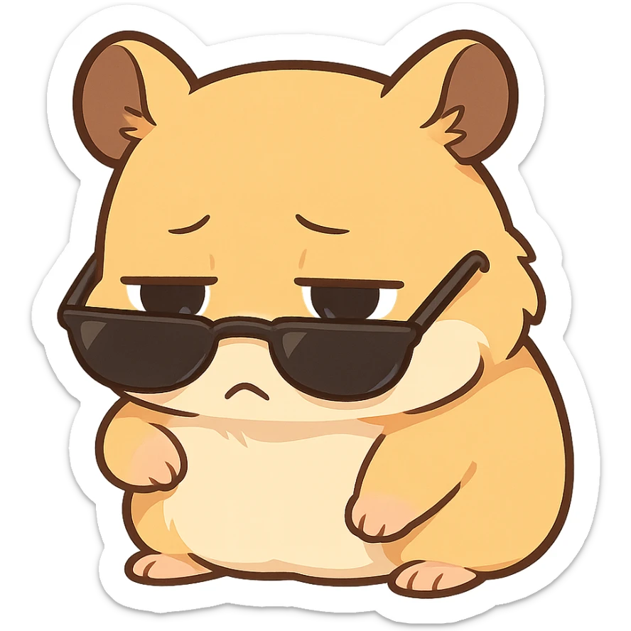 A hamster wearing sunglasses, the sunglasses have slipped down to the bottom of the eyes, the hamster lowered his head, his eyes were dull, sticker