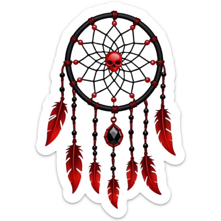 Blood-red, bloody, obsidian-black, edgy, dream catcher, red gemstones, black wires, black threads, tiny skulls, whie feathers sticker