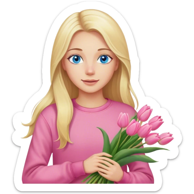 A cinematically realistic blonde with long hair and blue eyes, dressed in jeans and a pink sweatshirt, holds a bouquet of tulips in her hands. sticker