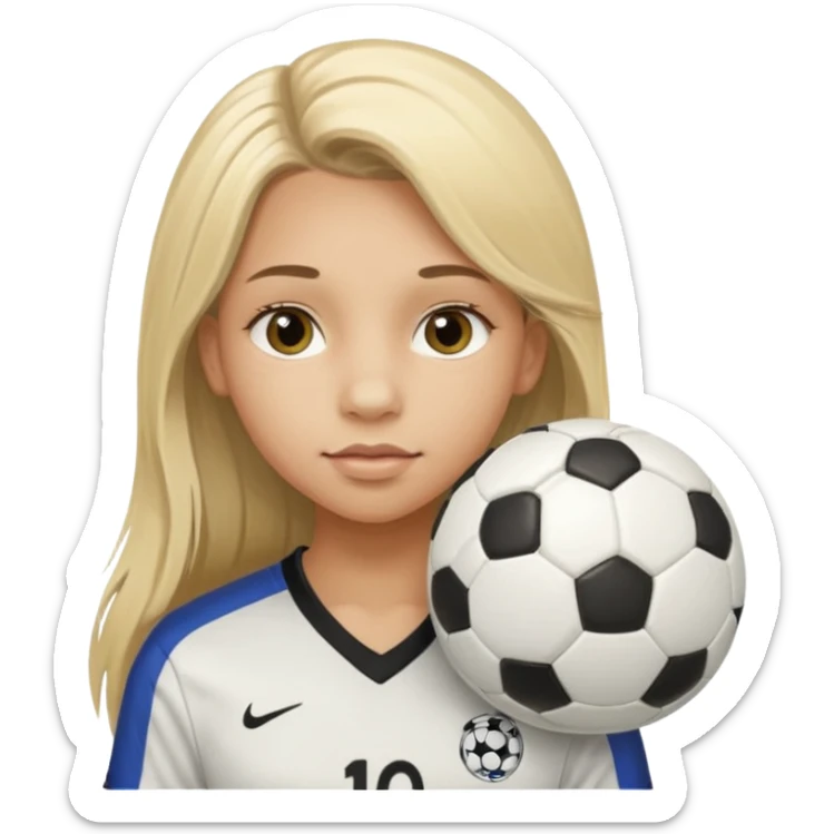 A girl with long light blonde hair with long eyelashes that looks around 13 years old with a soccer ball make her lips lined sticker